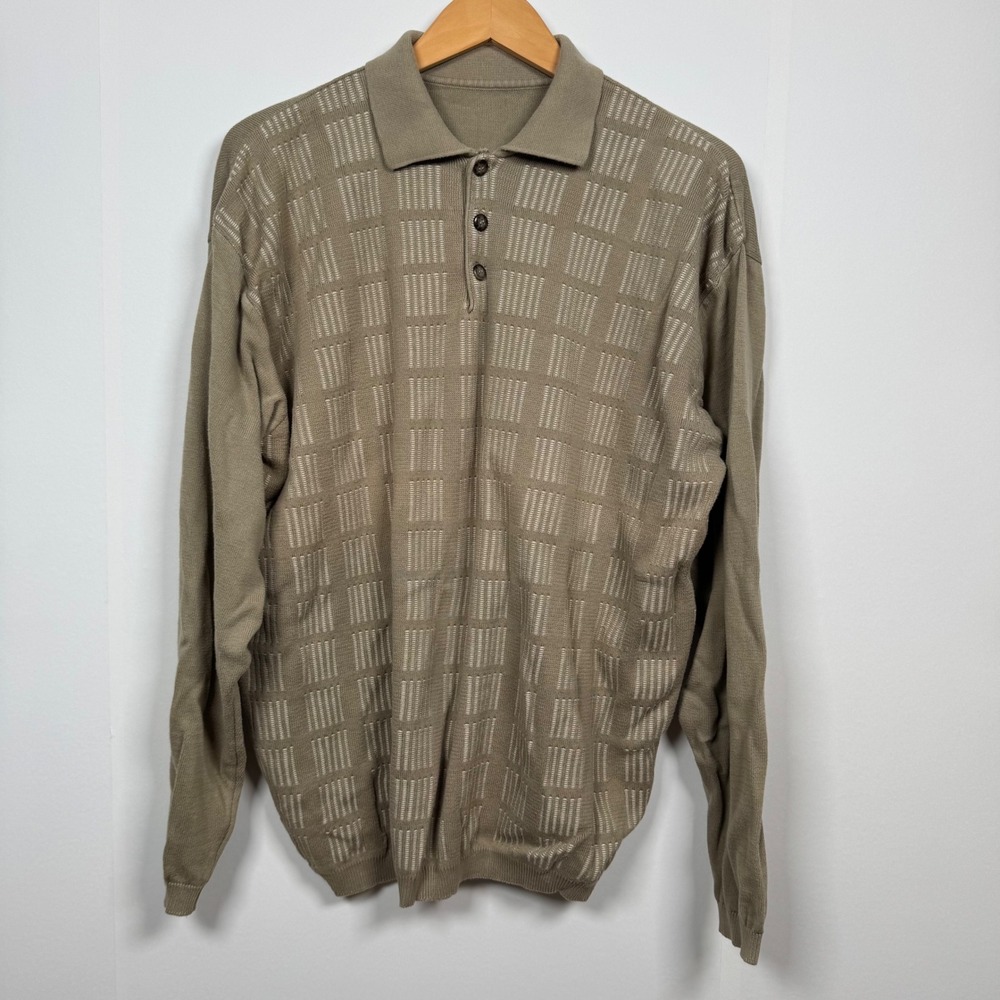 VTG Men XL Knit Collar Sweater Cotton Texture‎ Grid Tan Grandpa Preppy Retro Geo